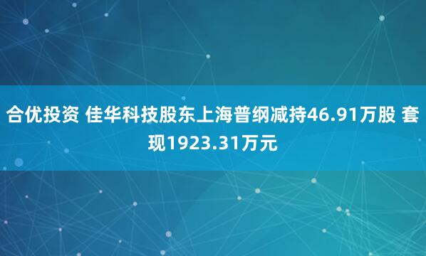 合优投资 佳华科技股东上海普纲减持46.91万股 套现1923.31万元